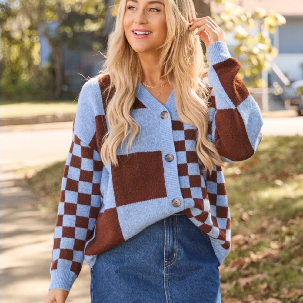 Blue and Brown Checkered Women's Sweater